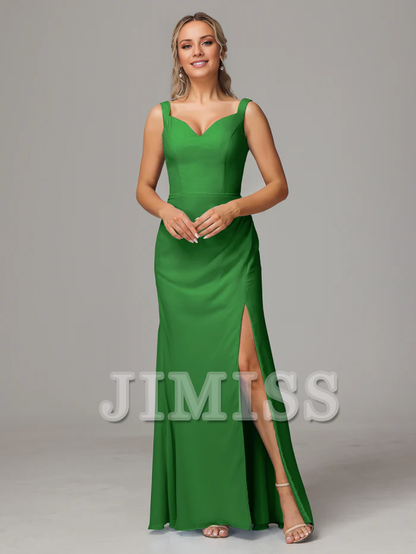 V-neck slit sleeveless off shoulder chiffon bridesmaid dress