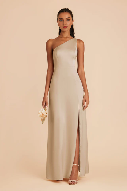 One shoulder collar fully lined trumpet shaped mermaid slit bridesmaid dress