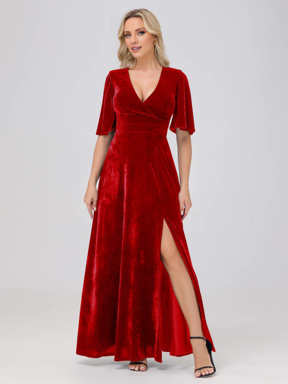 A-line V-neck short sleeved slit velvet and floor length bridesmaid dress