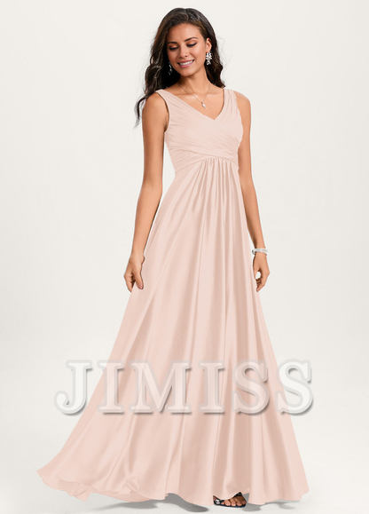 Ruffled A-line V-neck Floor-length Satin Bridesmaids Dress