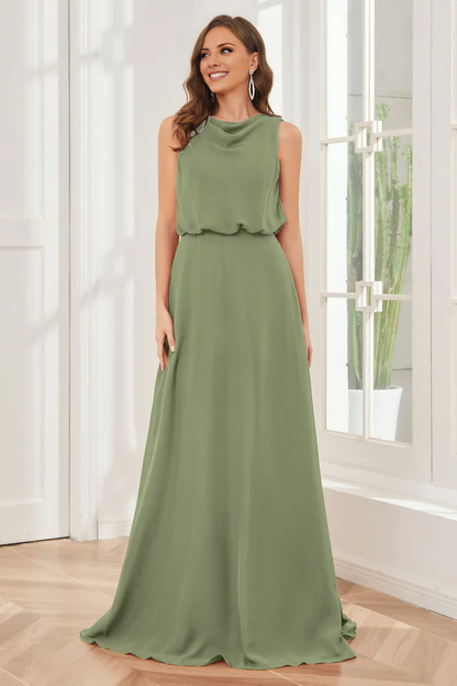 Pillar style wind neck sleeveless chiffon and floor length bridesmaid dress