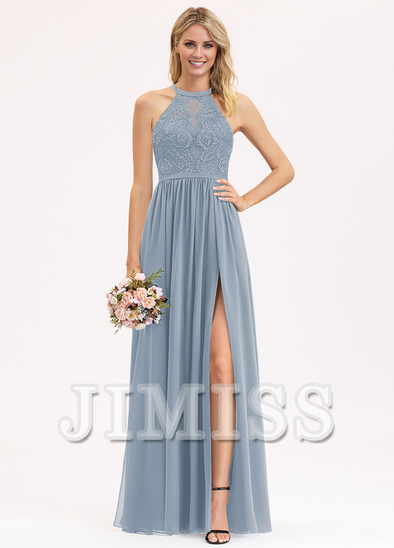 A-line Scoop Neck Floor Length Lace Chiffon Bridesmaids Dress