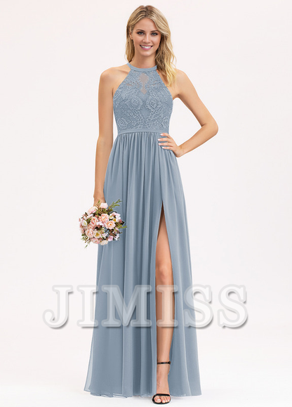 A-line Scoop Neck Floor Length Lace Chiffon Bridesmaids Dress