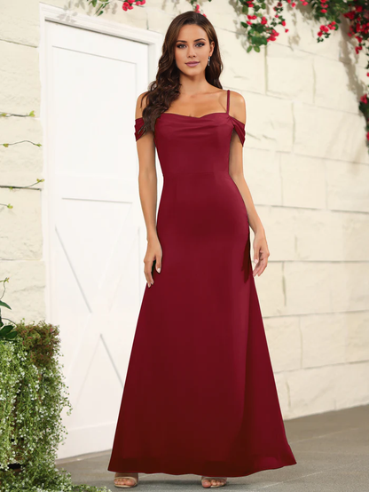 Split off shoulder thin shoulder strap chiffon and floor length bridesmaid dress