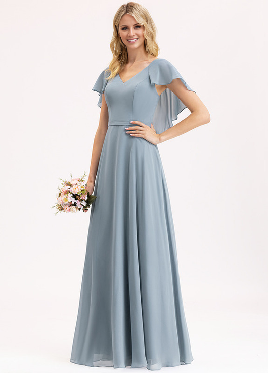 Tiered Ruffle A-Line V-Neck Floor-Length Chiffon Bridesmaids Dress