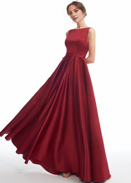 A-line Scoop Neck Floor Length Satin Bridesmaids Dress