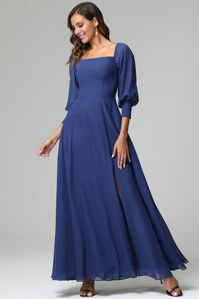 Square neck 3/4 sleeve slit chiffon and floor length bridesmaid dress