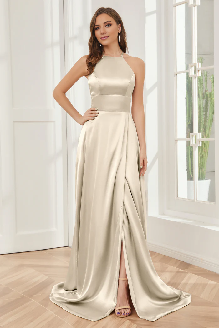 Column neck hanging soft satin and floor length bridesmaid dress