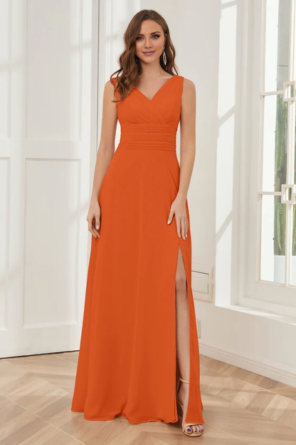 V-neck sleeveless chiffon side slit and floor length bridesmaid dress
