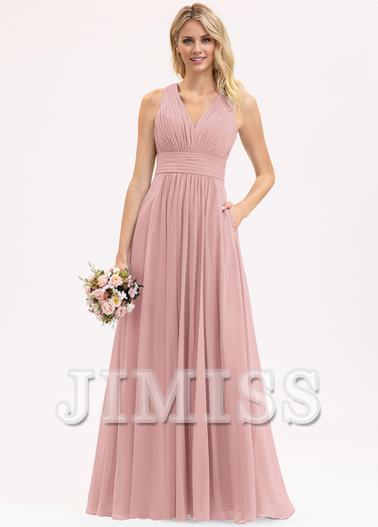 Bow Ruffle A-Line V-Neck Floor Length Chiffon Bridesmaids Dress