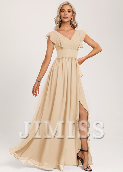 Ruffled A-line V-neck Floor-length Chiffon Bridesmaids Dress