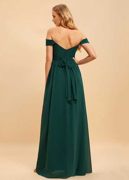 A-line off-the-shoulder floor-length chiffon bridesmaid dress