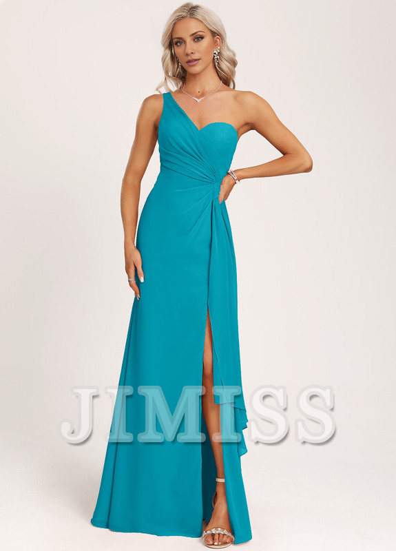 Ruffled A-line One Shoulder Floor Length Chiffon Bridesmaid Dress