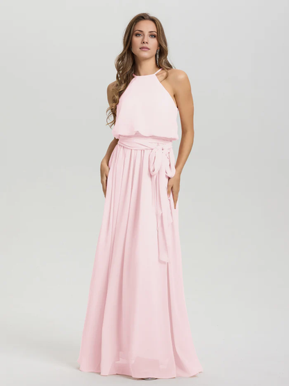 Hanging neck low round neck sleeveless chiffon and floor length Bridesmaid dresses
