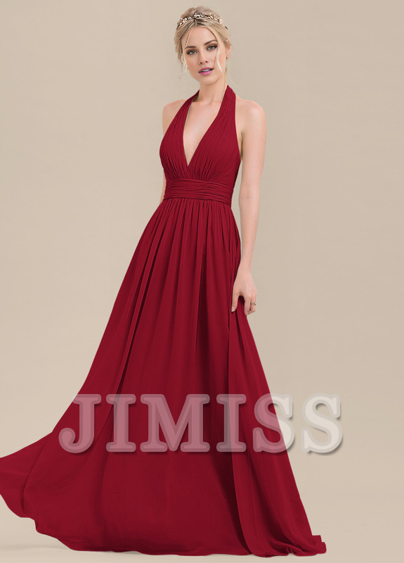 Ruffled A-Line Halter Neck Floor Length Chiffon Bridesmaids Dress