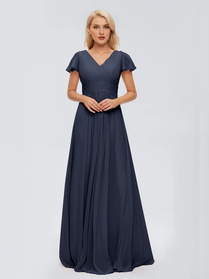 A-line V-neck chiffon and floor length bridesmaid dress