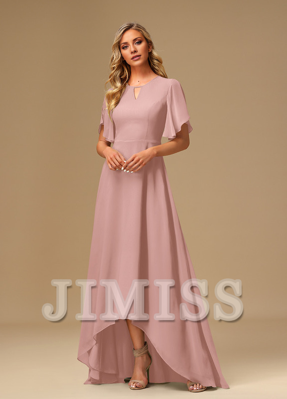 Ruffled A-line Boat Neck Asymmetric Chiffon Bridesmaids Dress