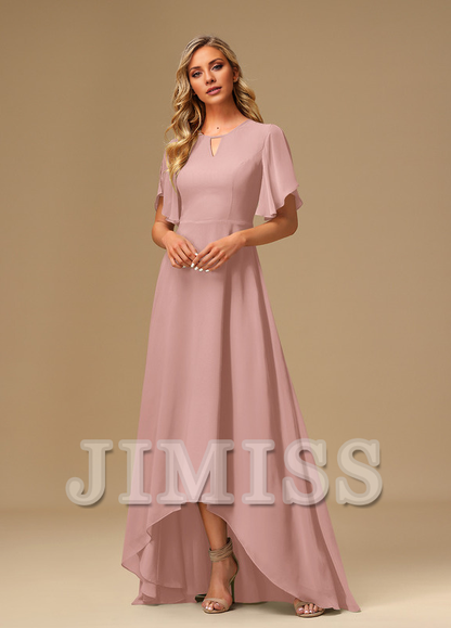 Ruffled A-line Boat Neck Asymmetric Chiffon Bridesmaids Dress