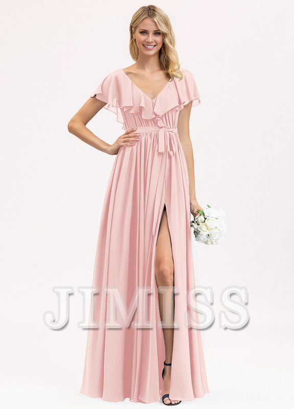 A-line V-neck floor-length chiffon bow tiered ruffle bridesmaid dress