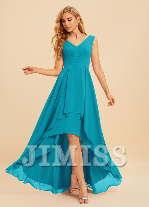 A-Line V-Neck Asymmetric Ruffle Chiffon Bridesmaids Dress