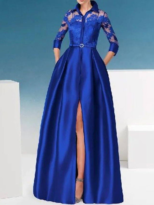 A-Line Mother of the Bride Dress Elegant Shirt Collar Floor Length Lace Satin 3/4 Length Sleeve with Appliques Split Front - RongMoon