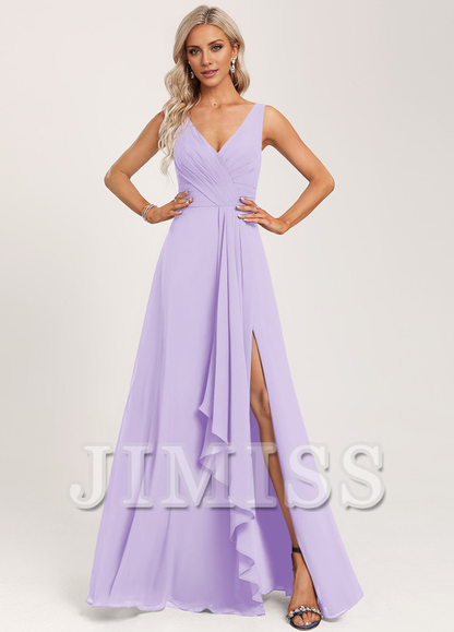 Ruffled A-line V-neck Floor-length Chiffon Bridesmaids Dress