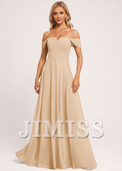 A-line off-the-shoulder square floor-length chiffon bridesmaid dress