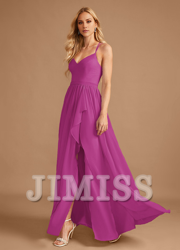 A-Line V-Neck Asymmetric Ruffle Chiffon Bridesmaids Dress