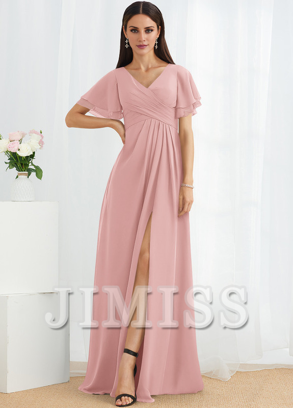 A-line V-neck floor-length chiffon bridesmaid dress