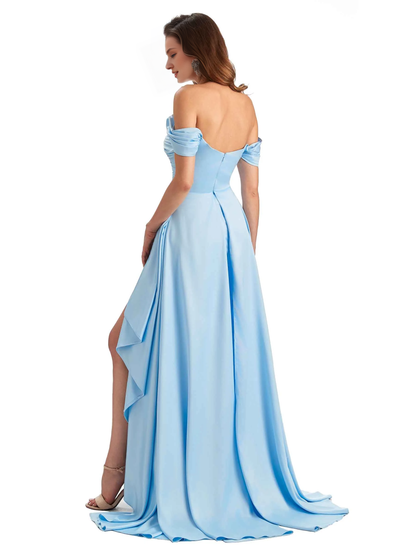 Sexy side slit mermaid soft satin off shoulder long unique bridesmaid dress