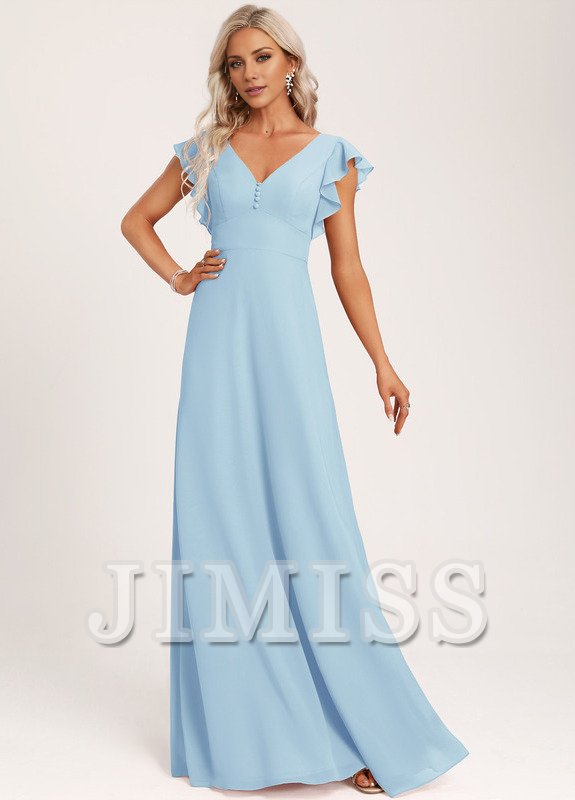Ruffled A-line V-neck Floor-length Chiffon Bridesmaids Dress