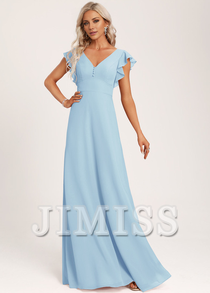 Ruffled A-line V-neck Floor-length Chiffon Bridesmaids Dress
