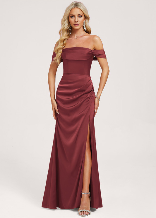 Ruffled A-Line Off-The-Shoulder Floor-Length Matte Satin Bridesmaids Dress