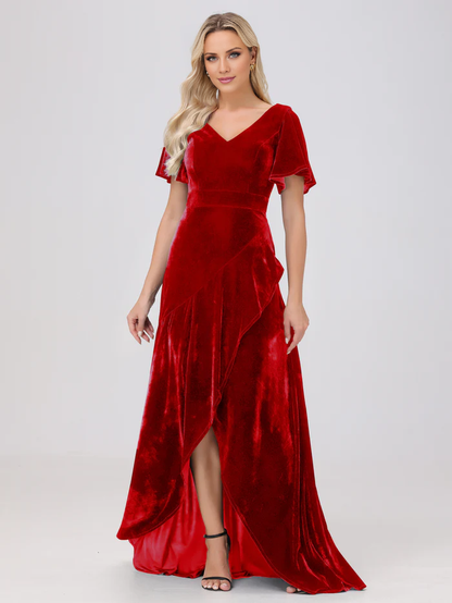 V-neck short sleeved ruffled velvet and floor length bridesmaid dress