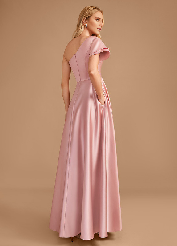 A-line one-shoulder floor-length satin bridesmaid dress