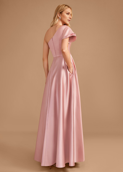 A-line one-shoulder floor-length satin bridesmaid dress