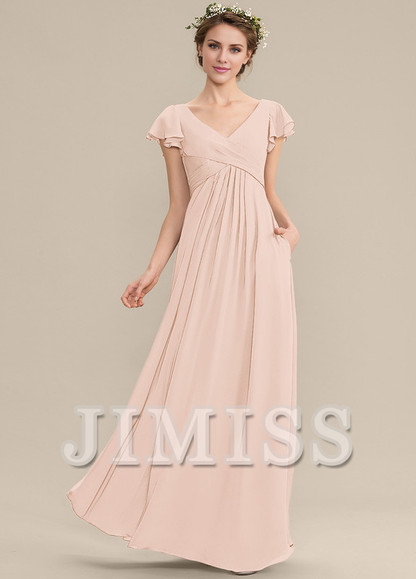 Tiered Ruffle A-Line V-Neck Floor-Length Chiffon Bridesmaids Dress