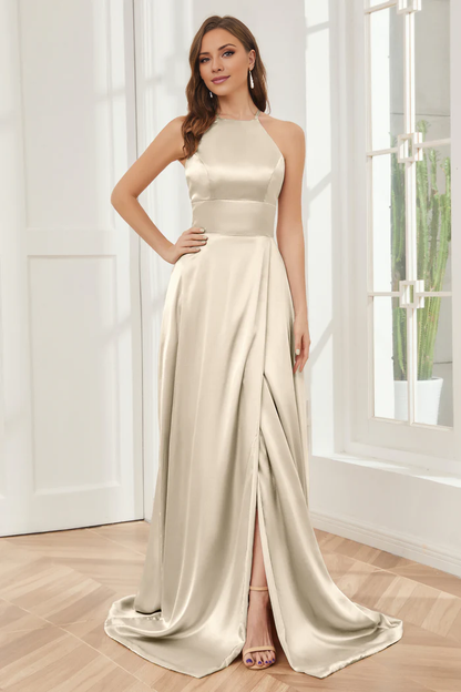 Column neck hanging soft satin and floor length bridesmaid dress