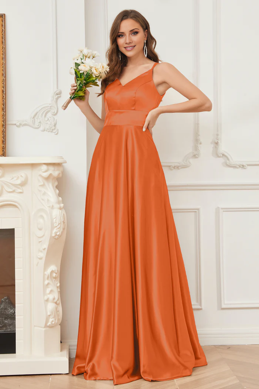Thin shoulder strap V-neck soft satin and floor length bridesmaid dress