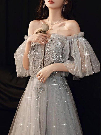 A-Line Glittering Elegant Engagement Formal Evening Dress Off Shoulder Half Sleeve Floor Length Tulle with Pleats Beading Sequin - RongMoon