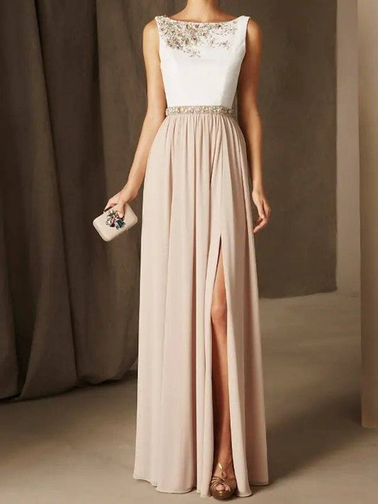 A-Line Mother of the Bride Dress Elegant Jewel Neck Floor Length Chiffon Sleeveless with Pleats Beading Split Front - RongMoon