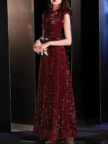 A-Line Sparkle Elegant Prom Formal Evening Dress Jewel Neck Sleeveless Floor Length Sequined with Sash / Ribbon Sequin - RongMoon