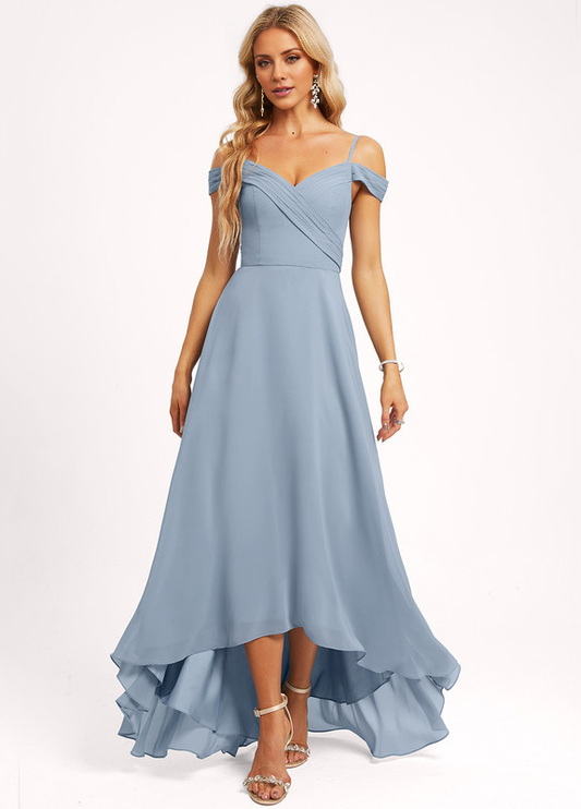 A-line off-shoulder asymmetric chiffon bridesmaid dress