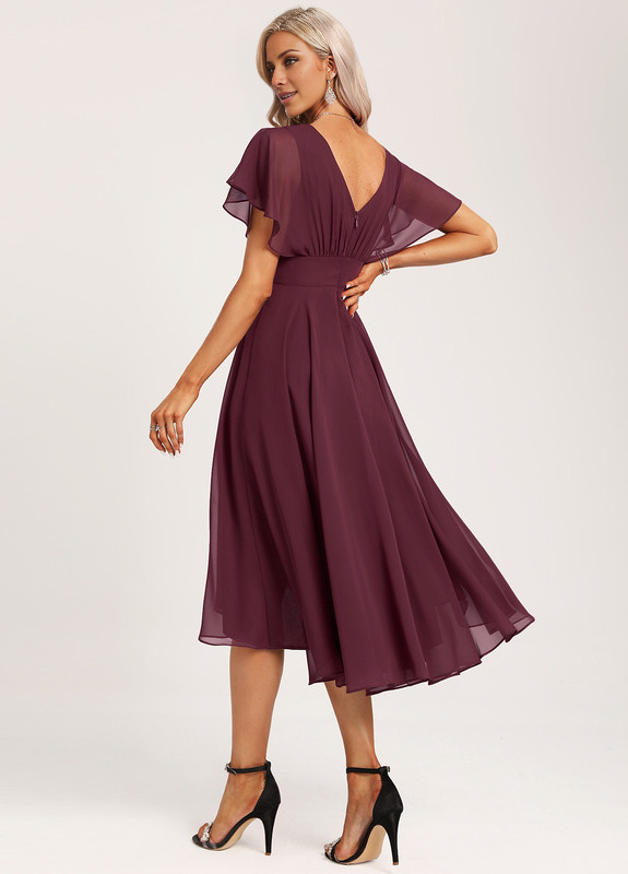 Ruffled A-line Spoon Asymmetric Chiffon Bridesmaids Dress