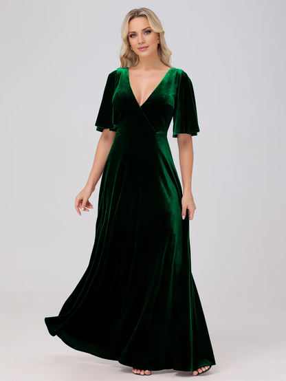 A-line V-neck short sleeved velvet and floor length bridesmaid dress