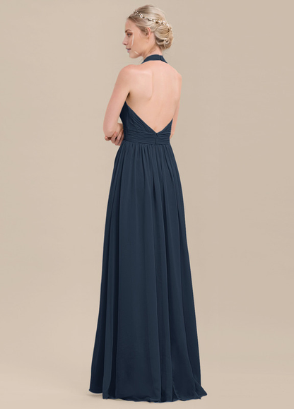 Ruffled A-Line Halter Neck Floor Length Chiffon Bridesmaids Dress