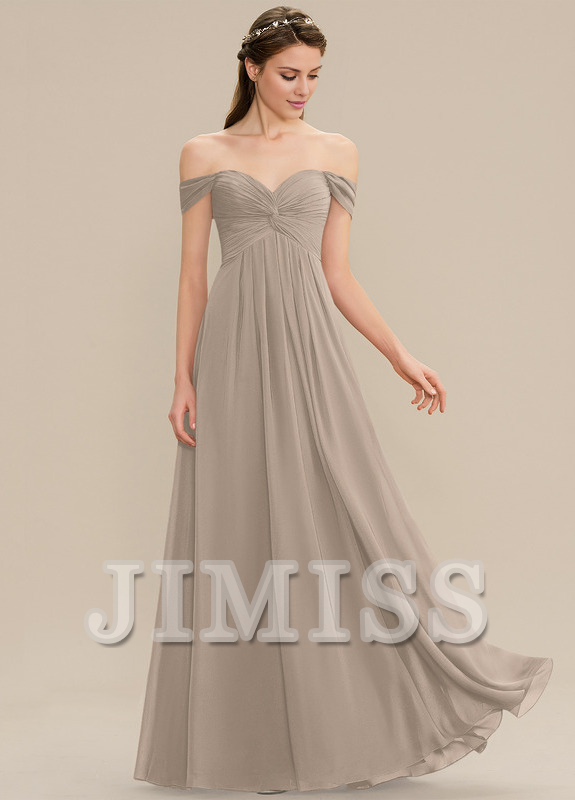Ruffled A-line Off-the-shoulder Floor-length Chiffon Bridesmaids Dress