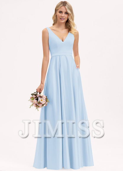 A-line V-neck floor-length satin bridesmaid dress