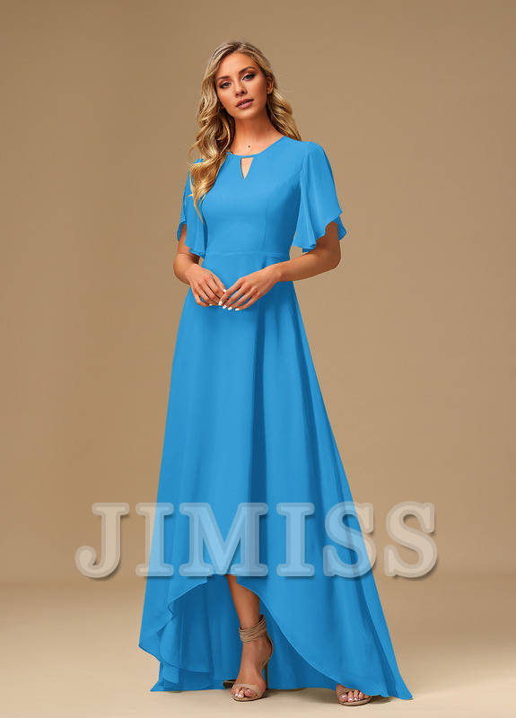 Ruffled A-line Boat Neck Asymmetric Chiffon Bridesmaids Dress