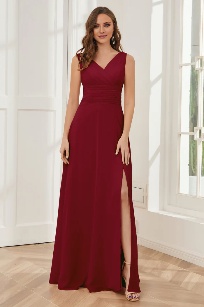 V-neck sleeveless chiffon side slit and floor length bridesmaid dress